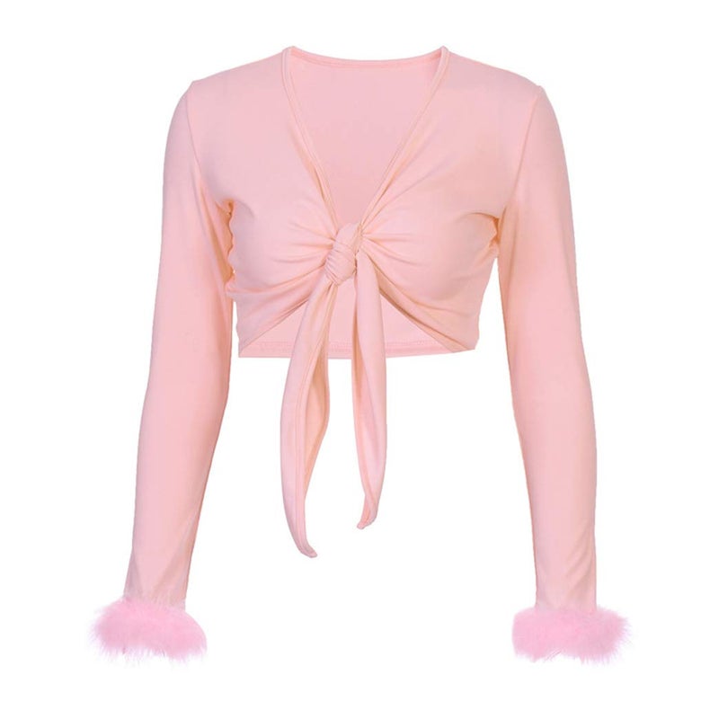 Newfancy Women's Sexy Long Sleeve Tie Up Crop Top Feather Trim Deep V Neck Basic Tight Shirt Faux Fur Blouse, Pink, Large - Image 4